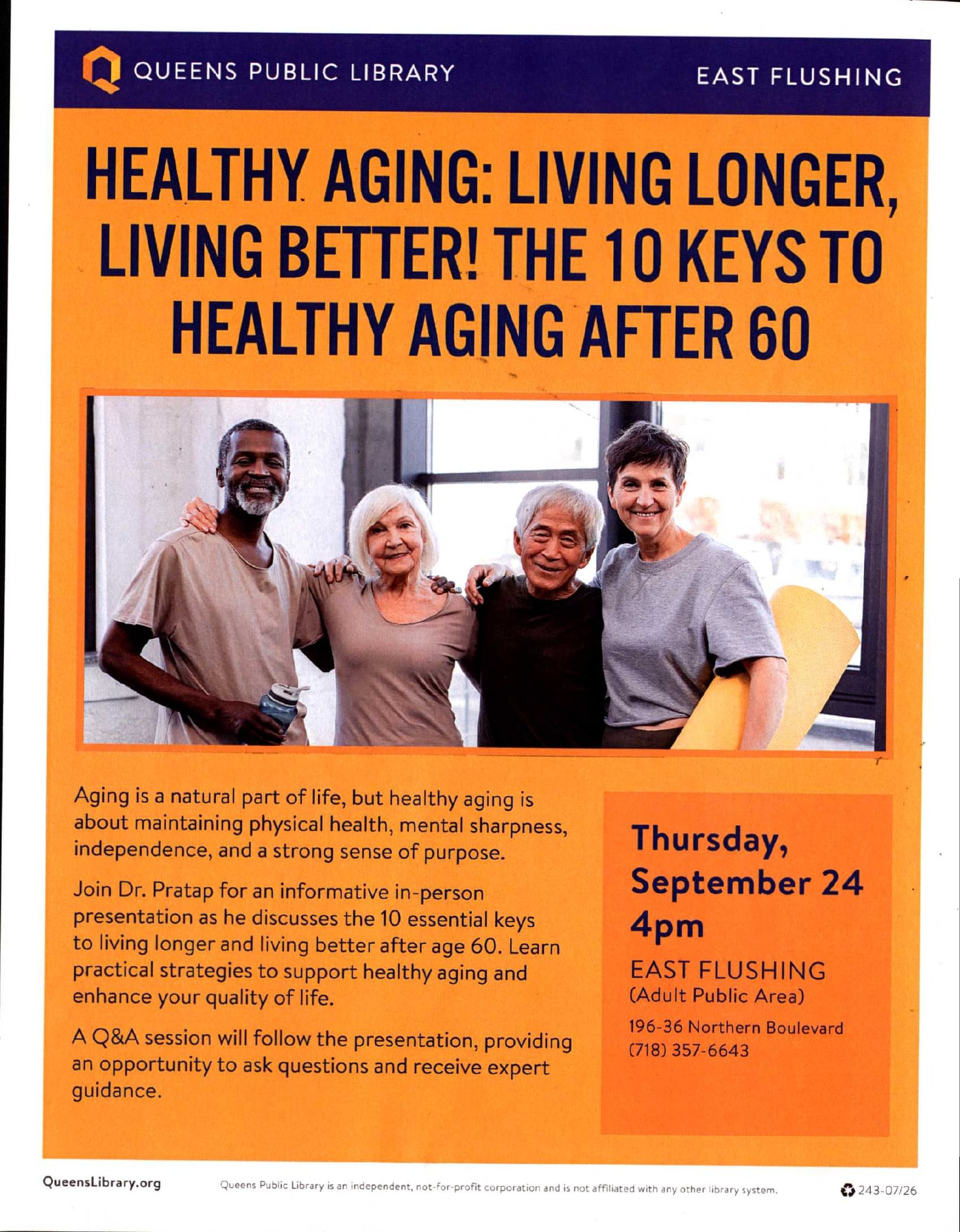 Healthy Aging: Living Longer, Living Better | Sep 24, 2026 | 4 pm @ East Flushing Library